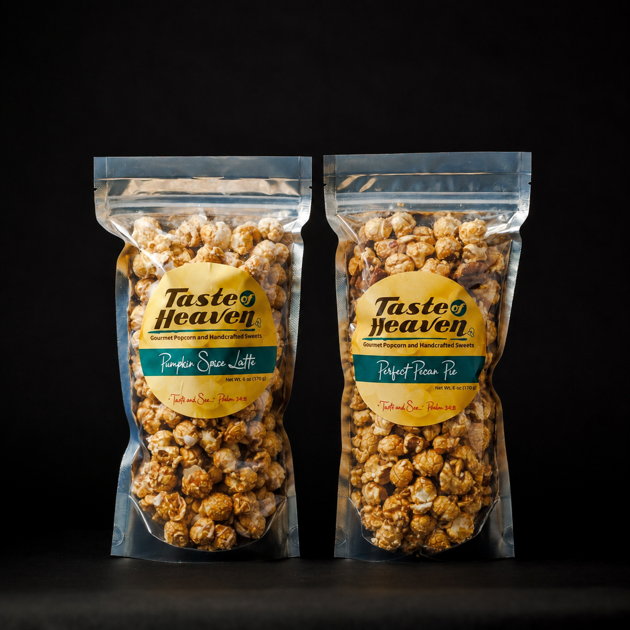 Two clear plastic bags of Taste of Heaven Popcorn Spice Latte and Popcorn Spice Pie set against a solid black background.