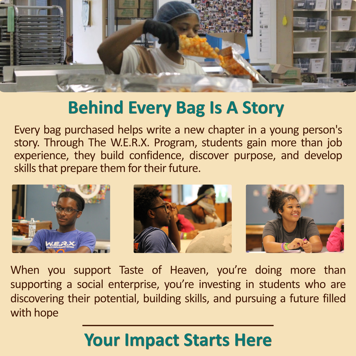 A promotional graphic for Taste of Heaven social enterprise featuring a worker packing bags of chips in a kitchen, with text reading 'Behind Every Bag Is A Story' and photos of students working together. The design has a beige background with teal and black text.