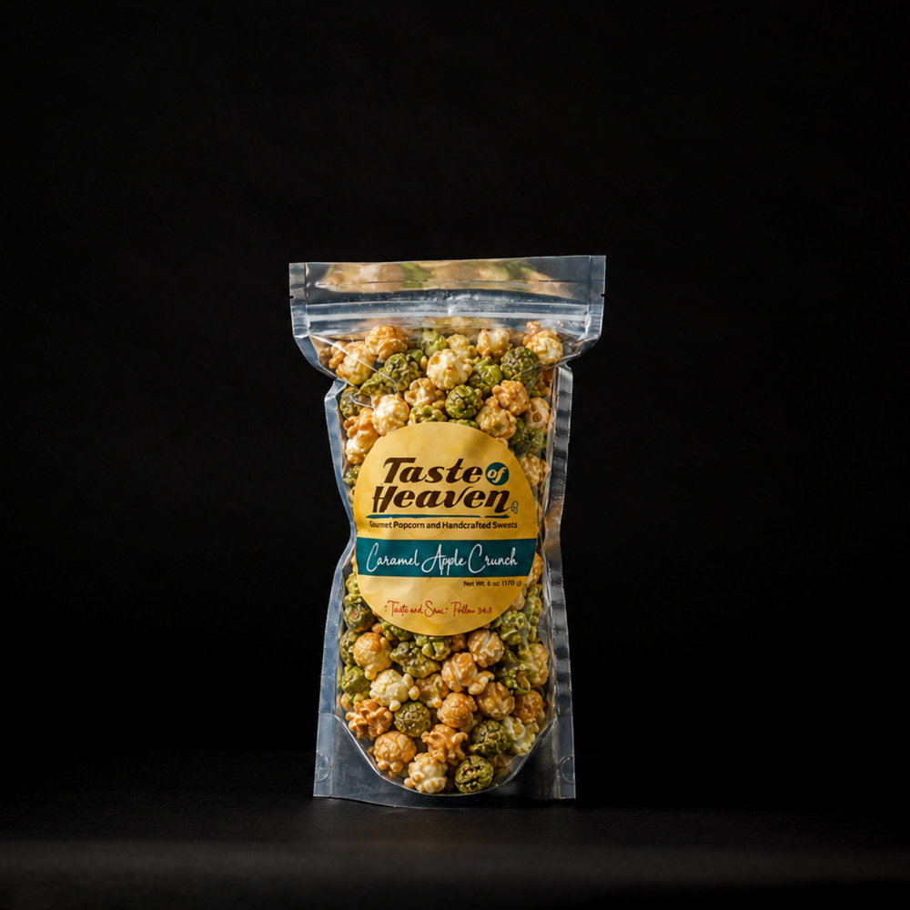 A clear stand-up pouch of Taste of Heaven Caramel Apple Crunch popcorn, standing against a solid black background.