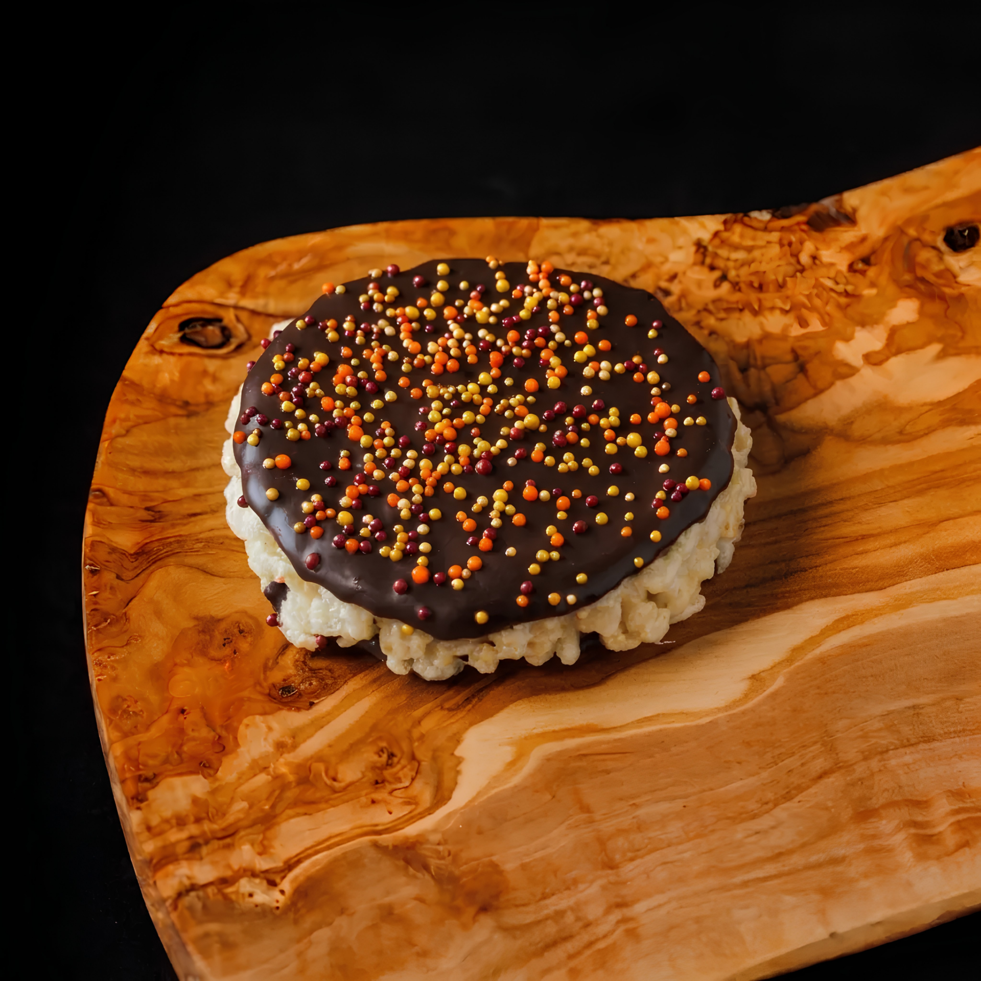 A round rice crispy treat topped with dark chocolate and colorful sprinkles, presented on a rustic olive wood serving board against a black background.