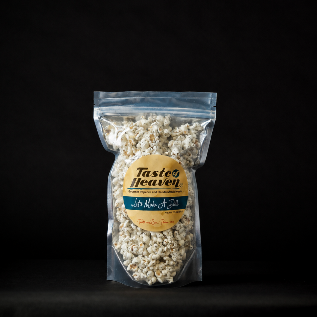 Packaged popcorn with 'Taste of Heaven' label on a black background