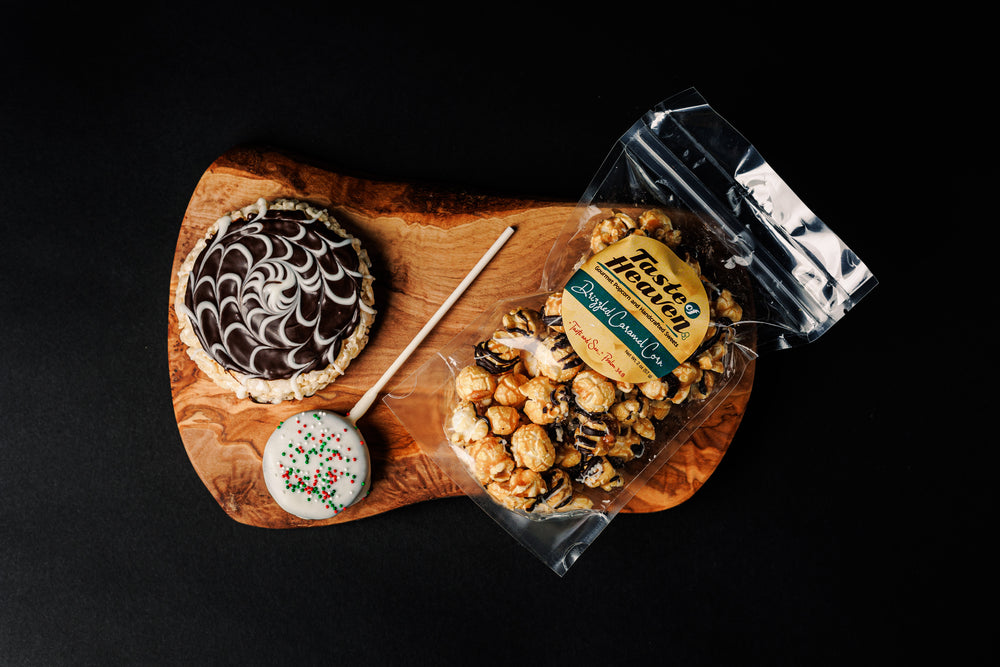 Sampler Gift Box Crispy, Drizzled Caramel Corn Snack Bag, Cookie Pop