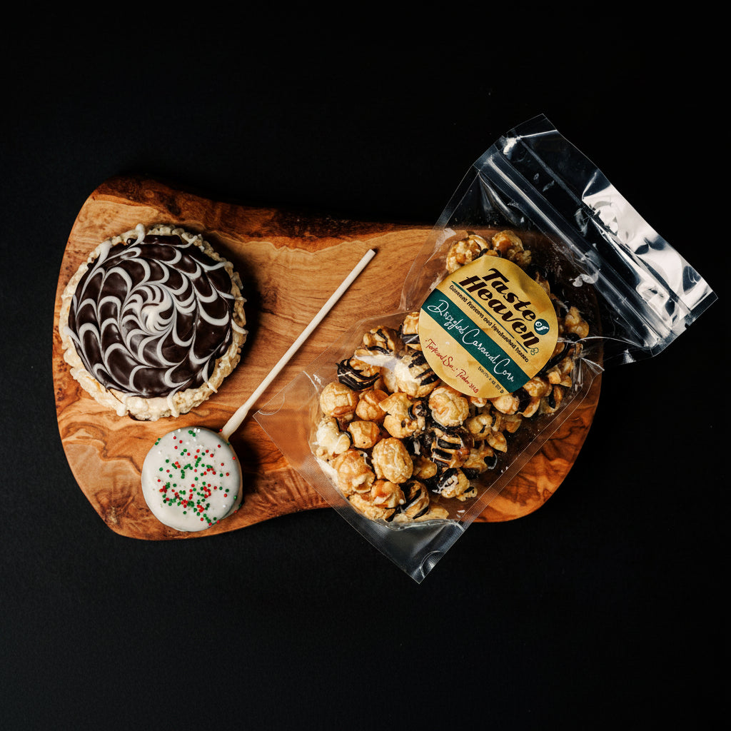 Sampler Gift Box Crispy, Drizzled Caramel Corn Snack Bag, Cookie Pop